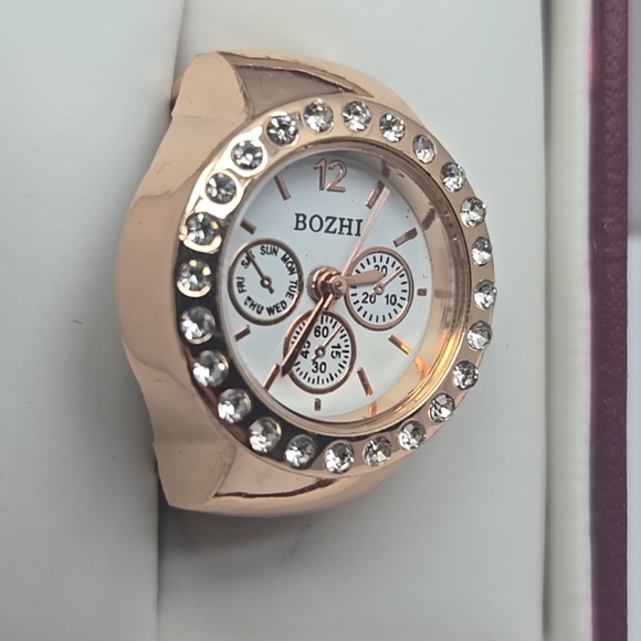 Womens Bozhi Ring Watch Rose Gold Tone Stone Bezel Stretch Band Working - Picture 3 of 14